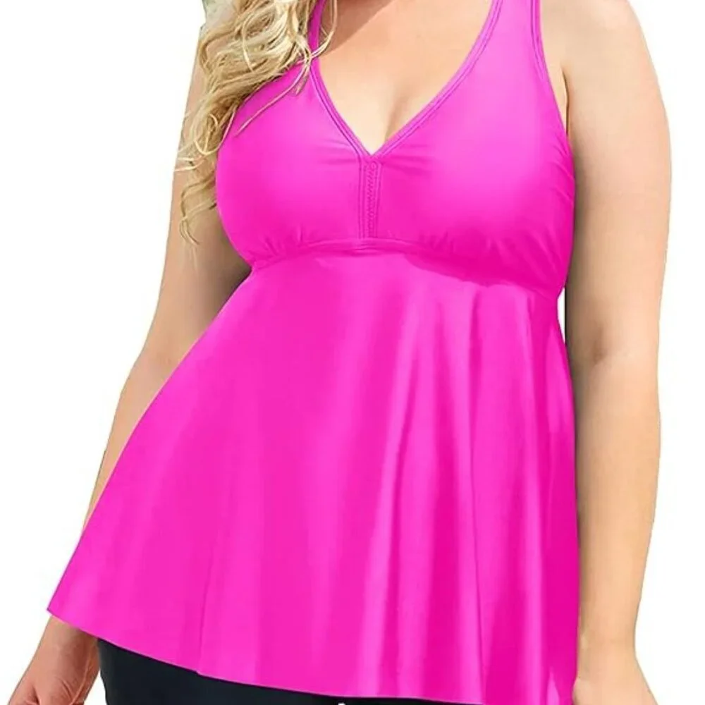 AQUA EVE HOT PINK TANKINI TOP - Crosscross Back Swim Top - PLUS SIZE - 14W NWT